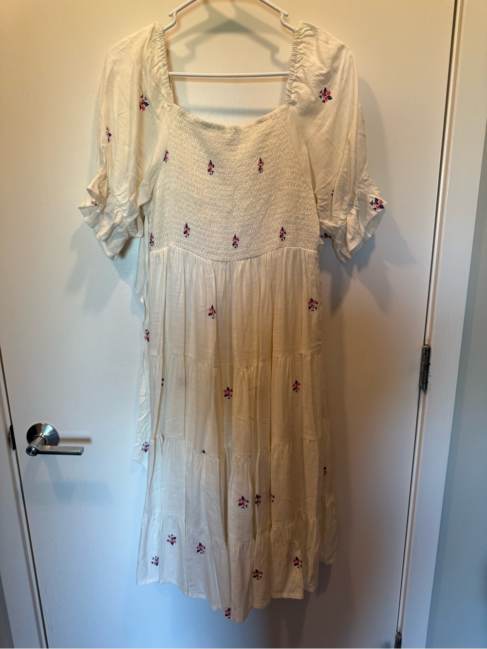 Women’s Cream Midi Dress with Pink Floral Embroidery